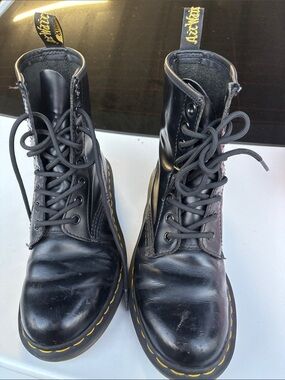 Dr. Martens Black Leather Lace-Up 8-Eye Boots with Yellow Stitching